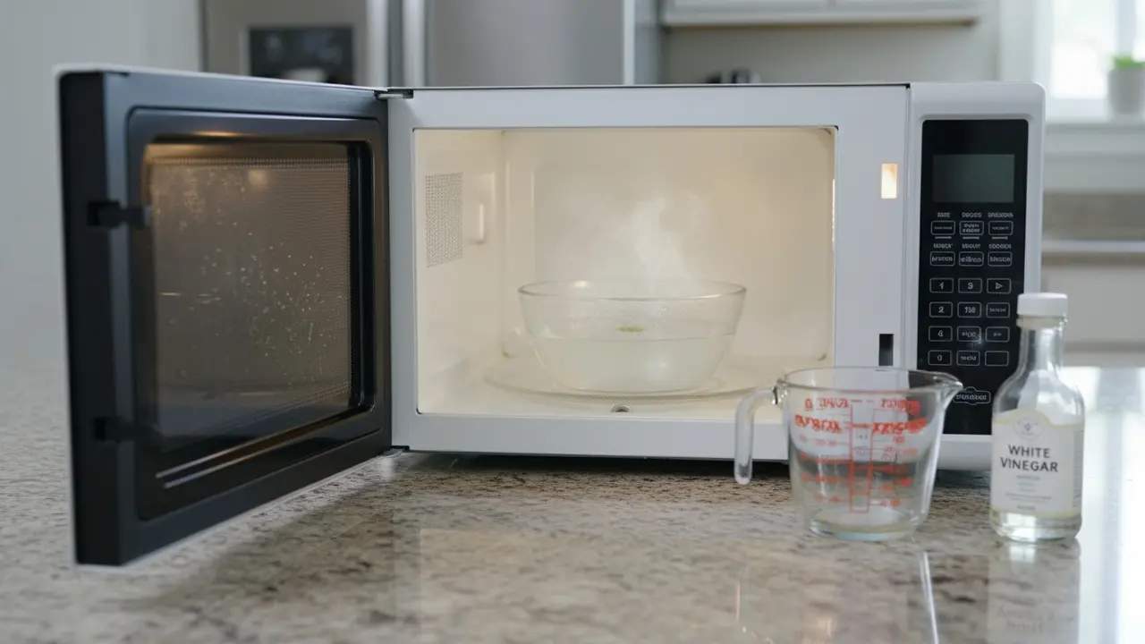 Skål med vand og eddike i mikroovn med damp på indersiden