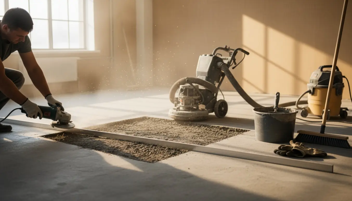 Et betongulv på ca. 8 m² bliver udjævnet med slibemaskine og glittede sektioner i naturligt dagslys.