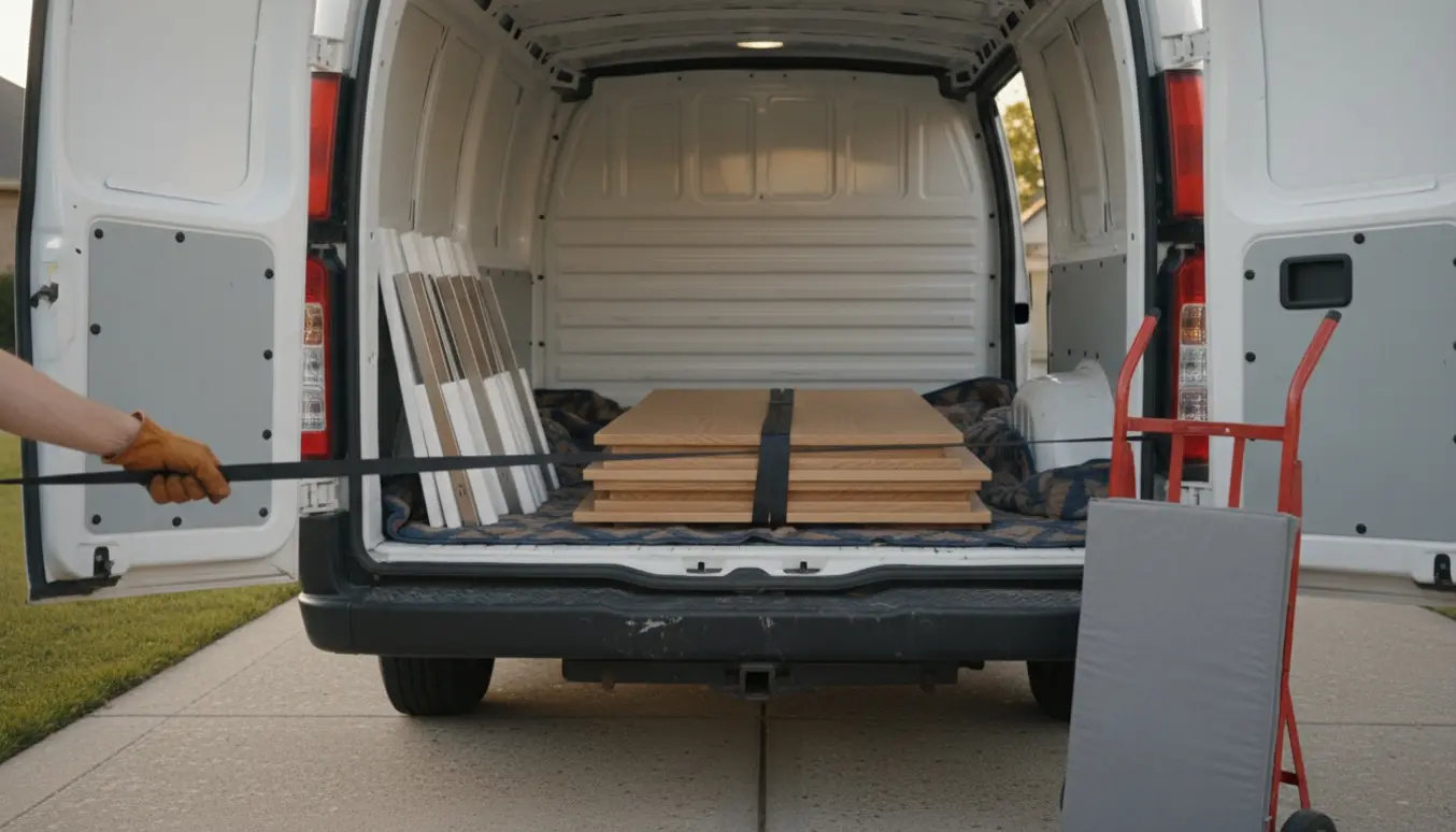 Varevogn lastes med adskilte trælhylder og vægbeslag, sikret med flyttetæpper og stropper i varmt eftermiddagslys.