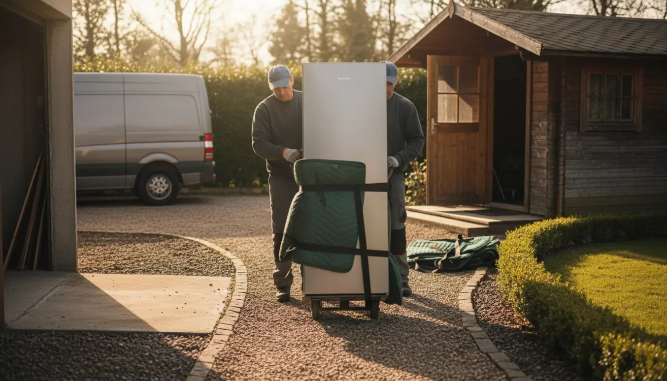 To personer trækker et højt køleskab på en dolly ad en grussti mod en træhytte, ansigter skjult.