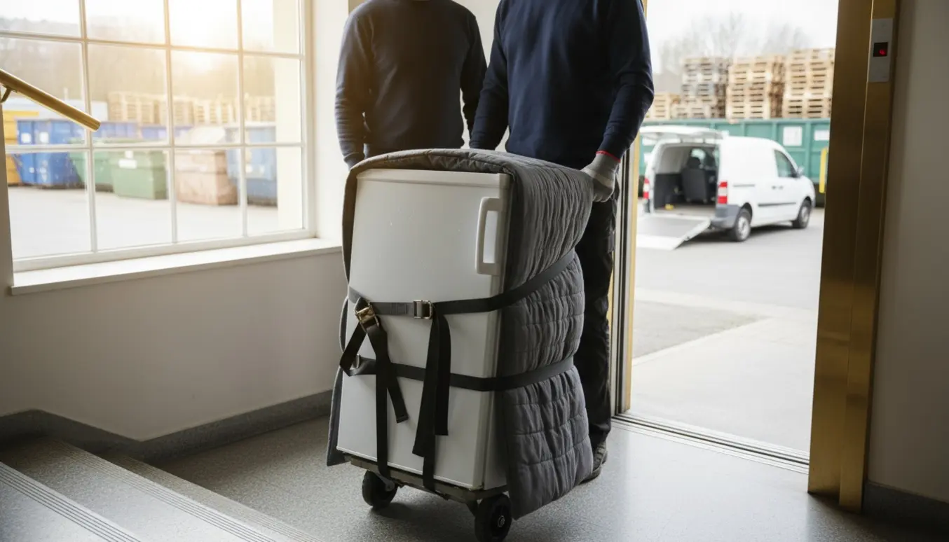 Et lille køle-fryseskab bæres ud af en lejlighed via elevator og læsses på en varevogn ved et genbrugsområde.