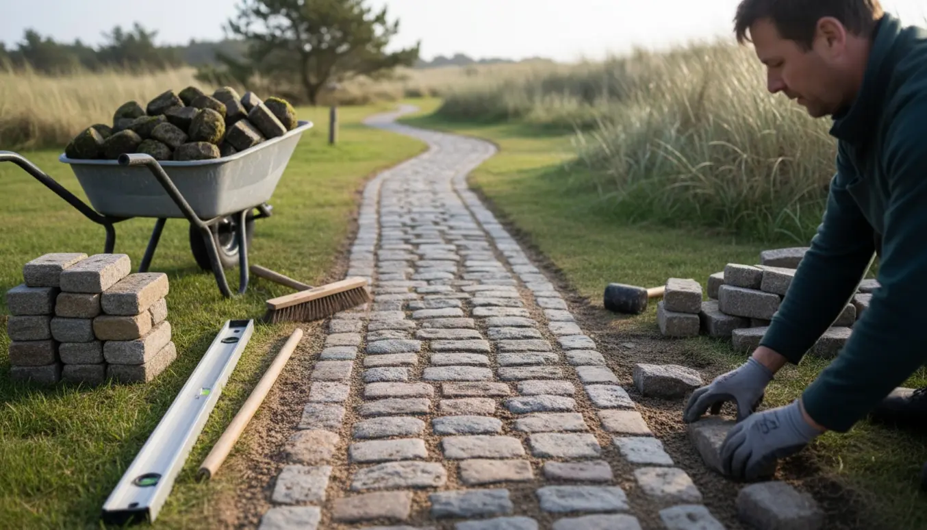 Delvist færdig brostenssti i en kysthave med bunker af gamle brosten og værktøj ved siden af.