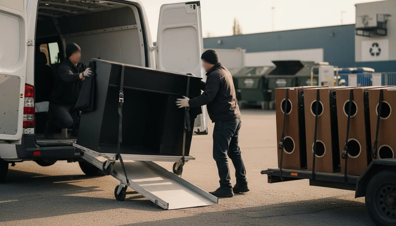 Et mat sort salonbord løftes med dolly ind i en varevogn, mens fire brune frisørkonsoller står klar til bortkørsel.