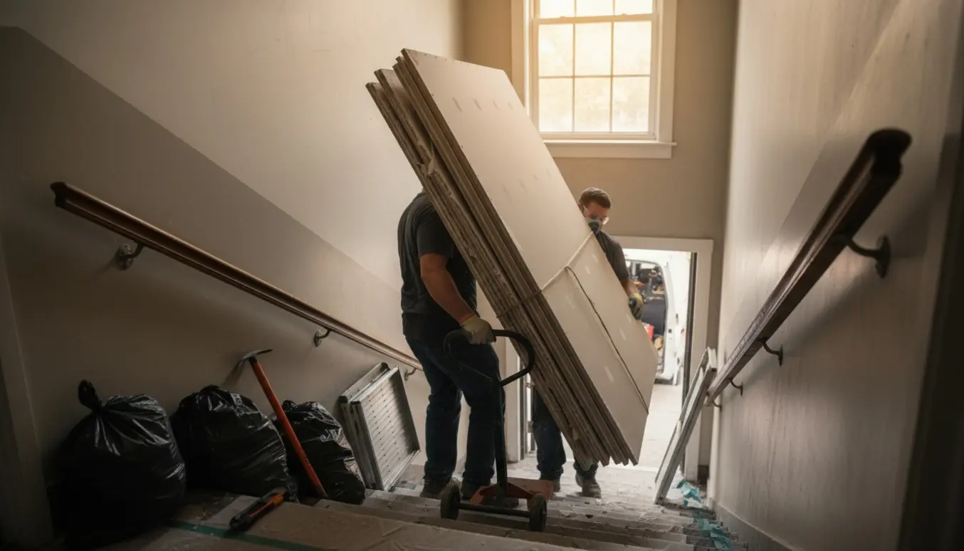 Håndværkere bærer nedrevne gipsplader ned ad en opgang med værktøj og beskyttelsesudstyr.