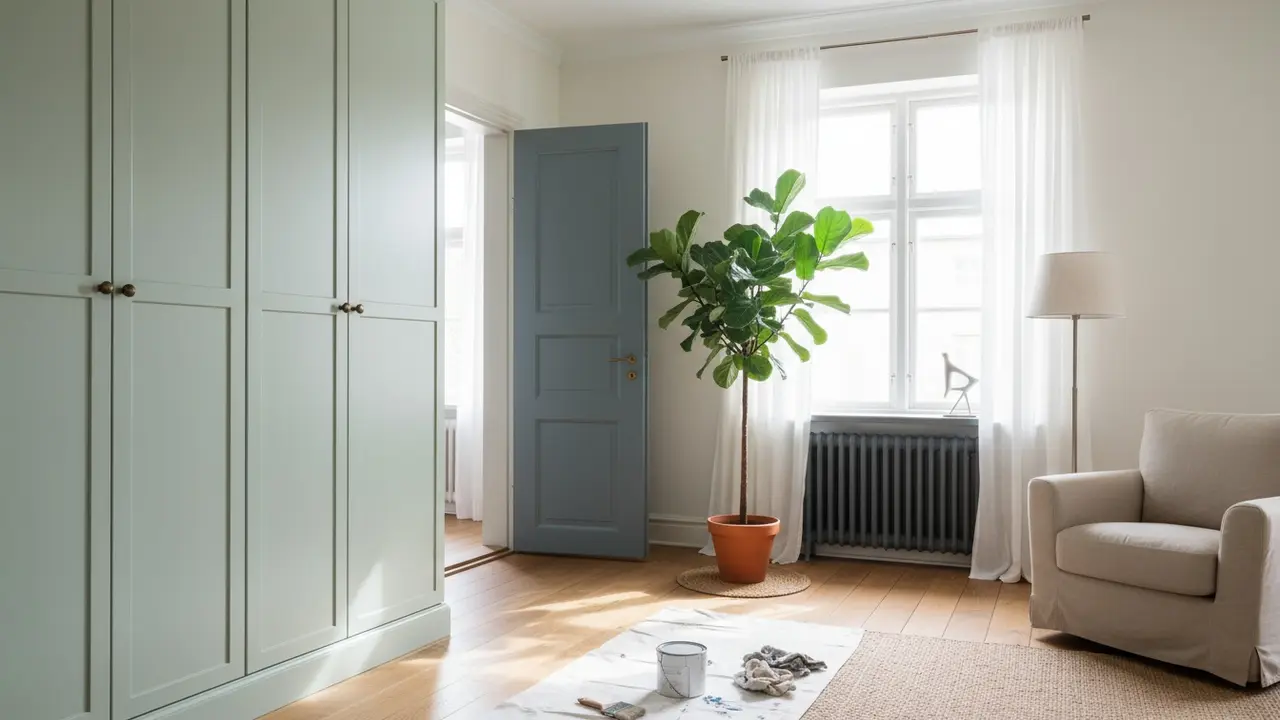 Lys stue med nymalet skab, dør og radiator i skandinavisk stil