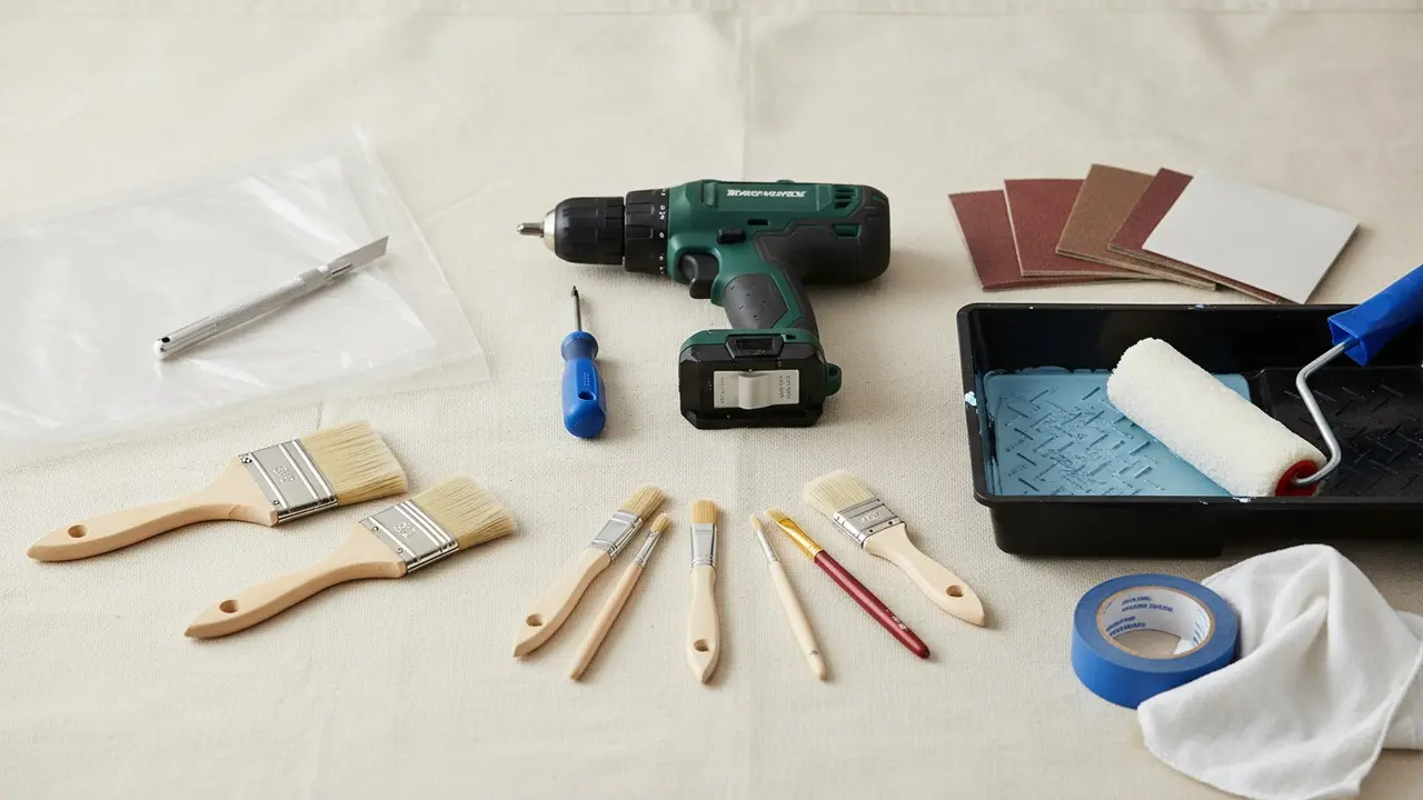 Organiserede malerværktøjer på afdækningsplast: boremaskine, pensel, rulle og sandpapir