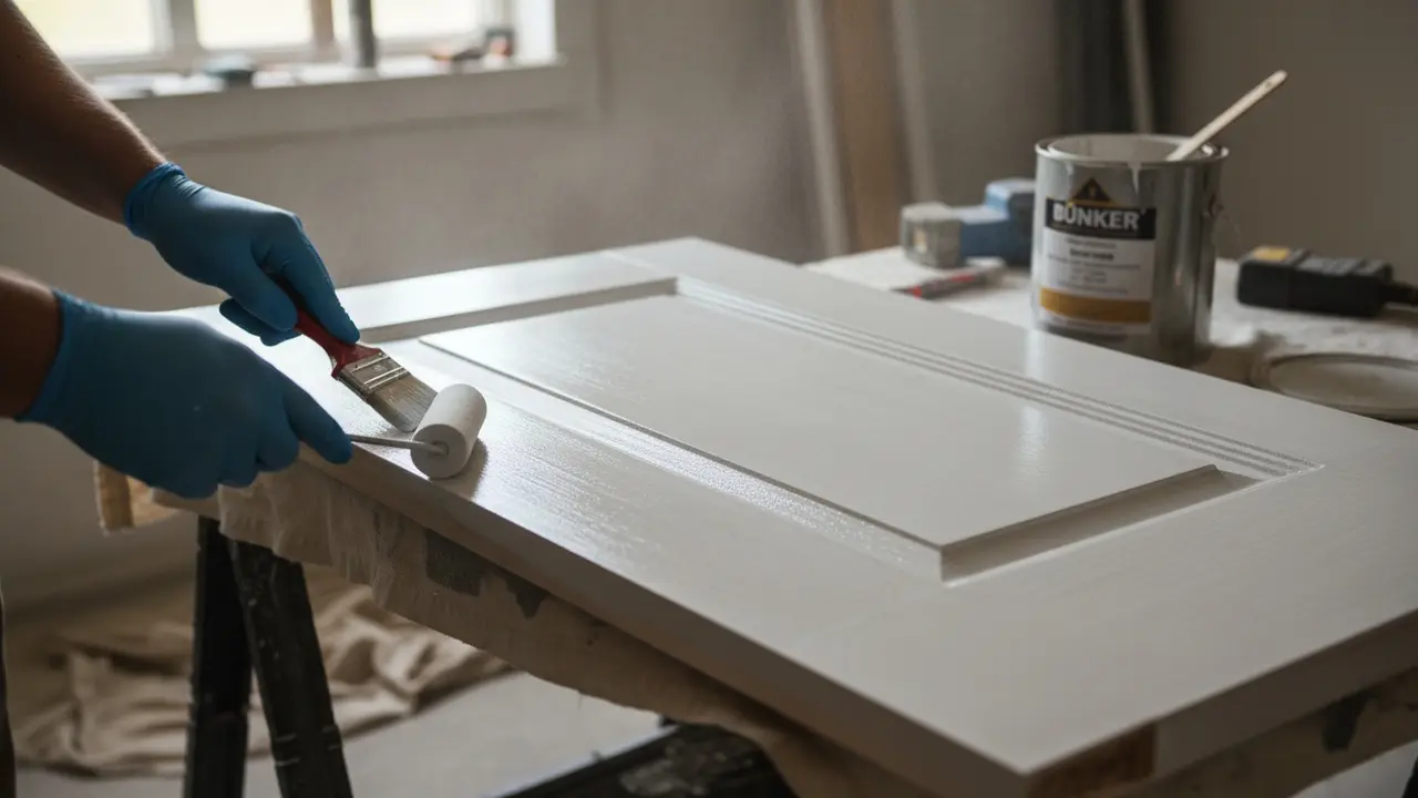 Hænder maler dørkanter med pensel og ruller fladen med mini-rulle