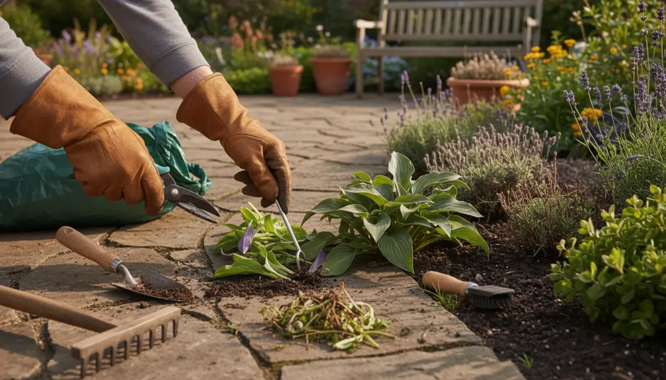 Hænder i handsker luger og tynder et staudebed og renser ukrudt mellem fliser på en solrig morgen.
