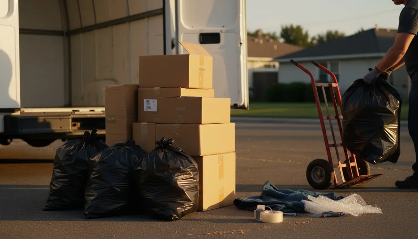 Stak med affaldssække og sammenfoldede papkasser ved kantstenen klar til afhentning efter flytning.