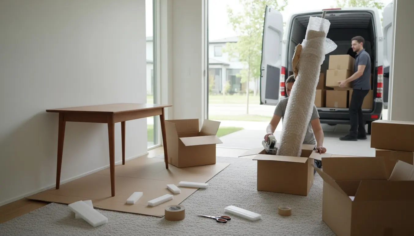 Møbler pakket til afhentning i en lys skandinavisk entré, klar til at blive hentet af en hvid varevogn.