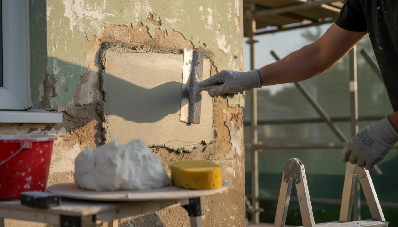 Nærbillede af udervæg, hvor hånd glatter frisk puds over et rektangulært reparationsfelt med pudsredskaber i baggrunden.