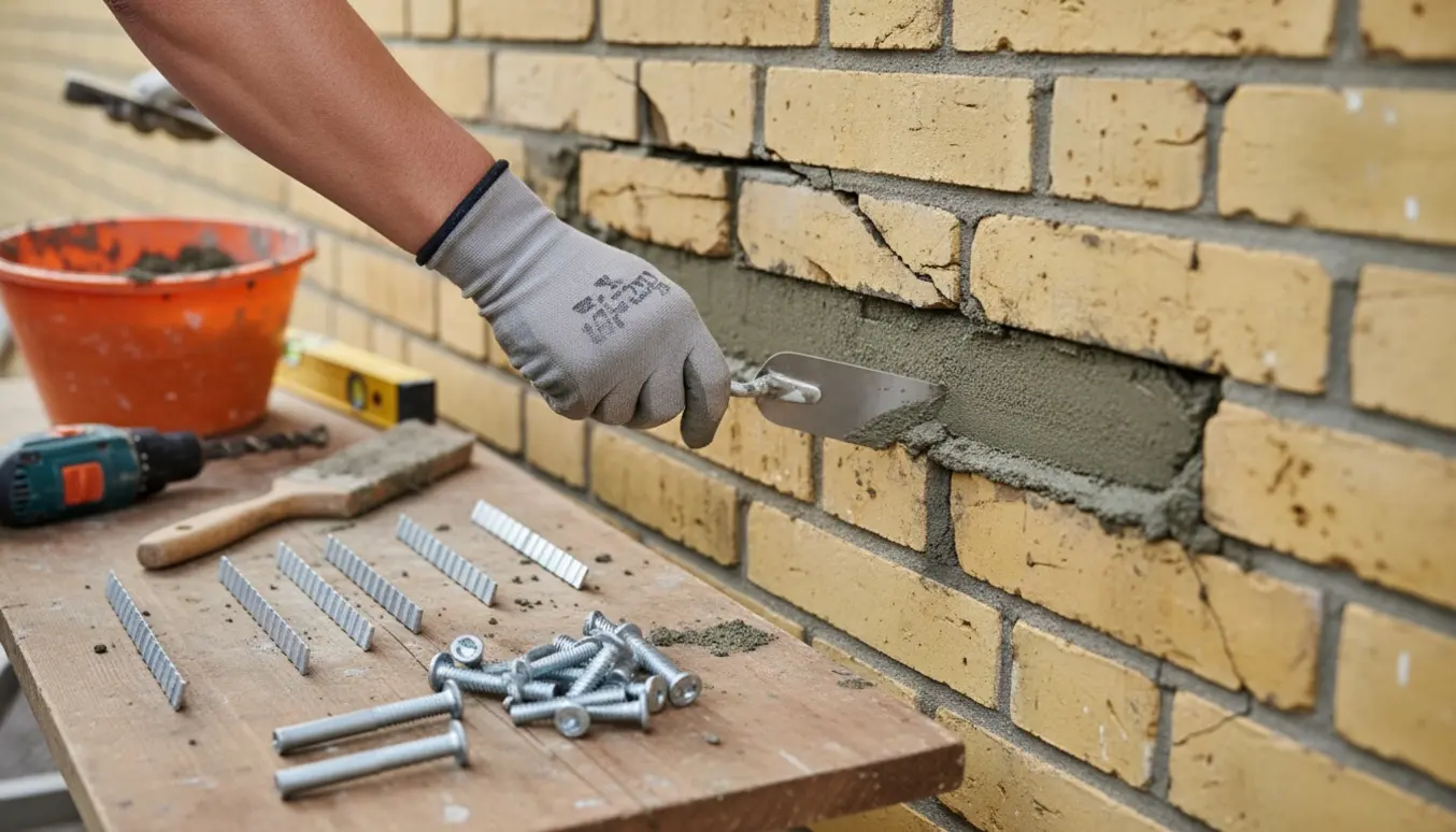 Nærbillede af reparation af sætningsskade i gule mursten med mørtel og metalstropper.