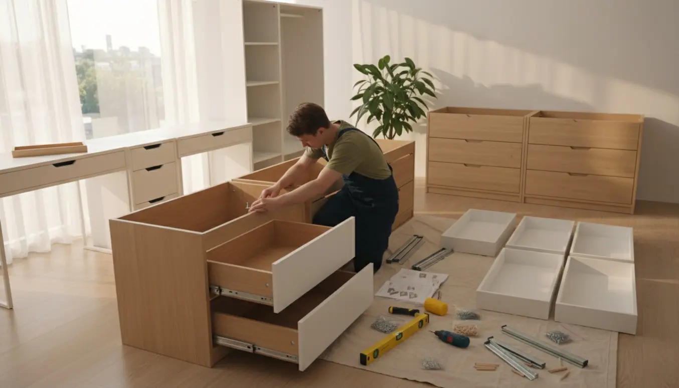 Hænder samler fladpakkede møbler i et lyst rum med skriveborde, kommoder og et klædeskab.