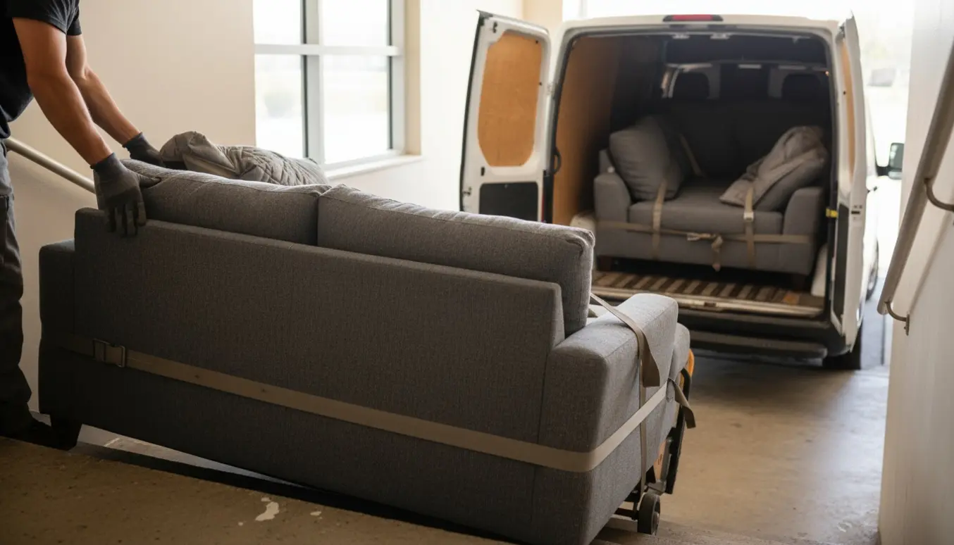 To flyttemænd bærer en delt sofa ned ad en opgang og læsser den ind i en varevogn.