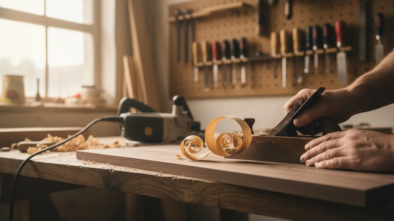 Tømrer høvler træ med håndhøvl, elektrisk høvl på bænken i baggrunden.