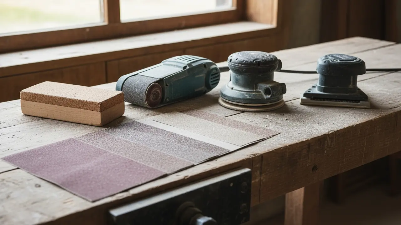 Forskellige slibemaskiner og sandpapir lagt op på et arbejdsbord fra groft til fint.