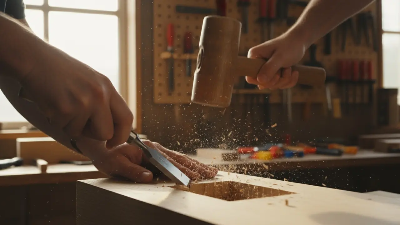 Nærbillede af mejsel placeret korrekt i træ, mallet på vej til slag, træspåner synlige.