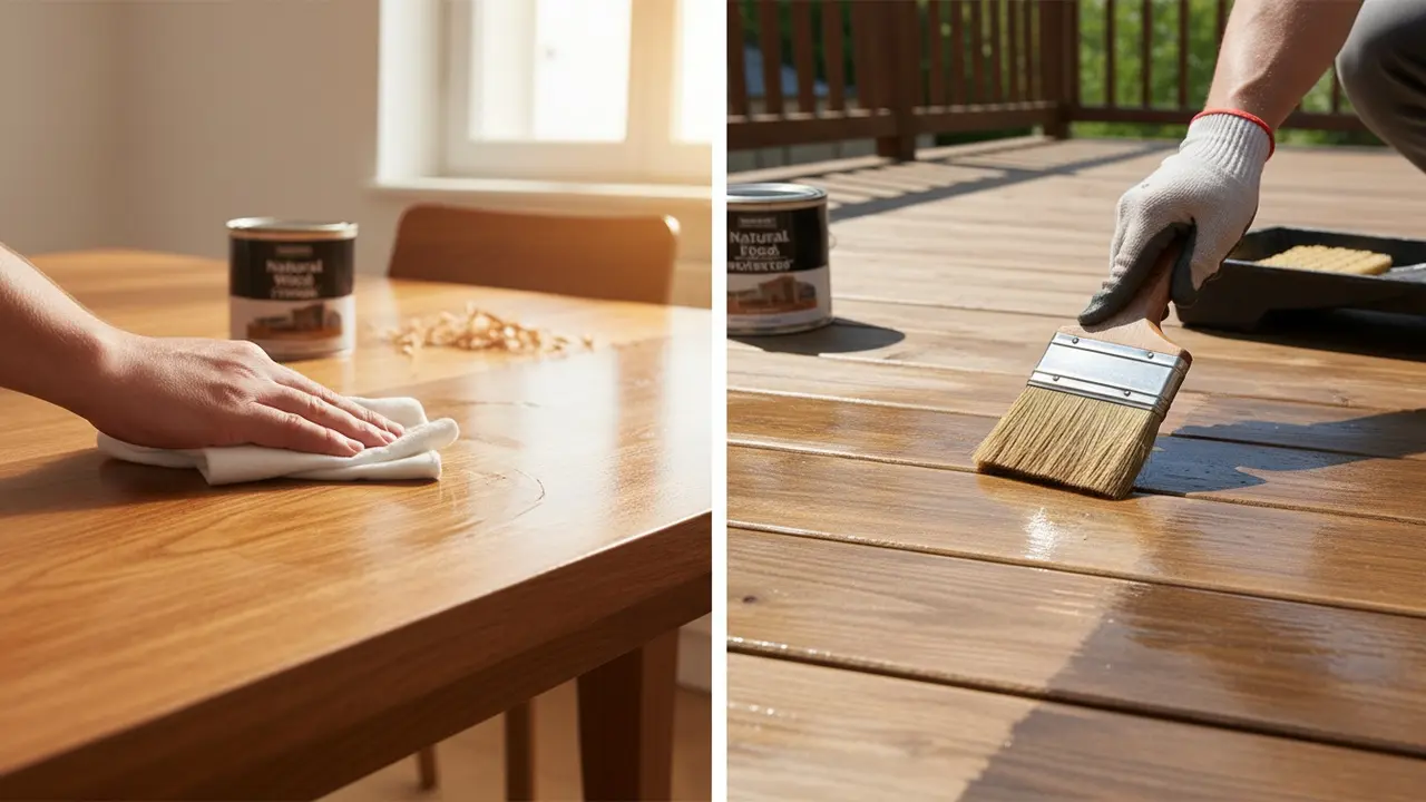 Indendørs påføring af træolie på bord og udendørs behandling af terrasse i samme billede.
