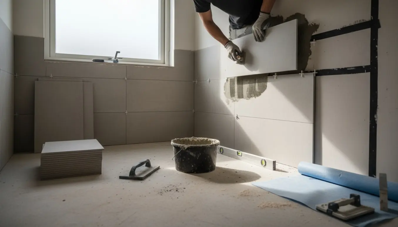 Badeværelse under renovering med håndværkerhænder, fliser, mørtel og fugeværktøj.