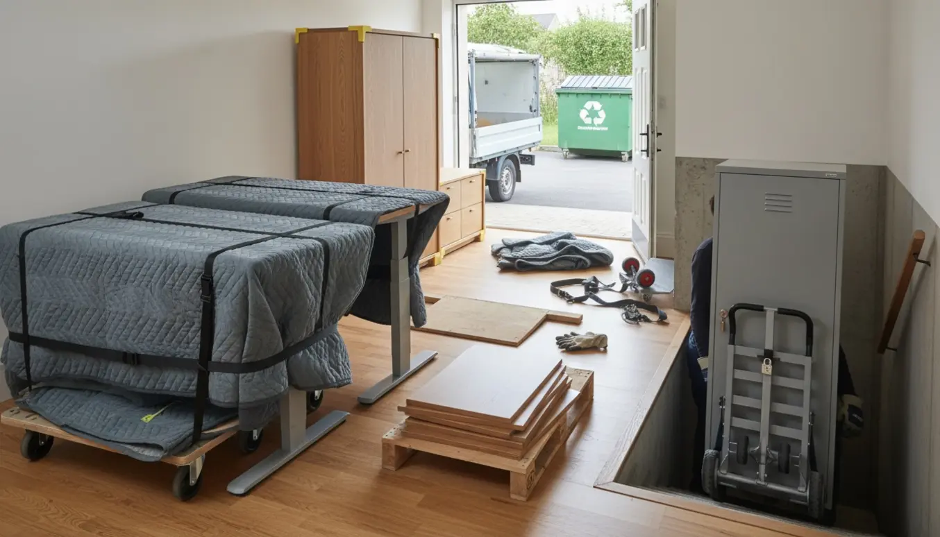 Tunge møbler bæres ned ad kældertrappe og lastes ved en genbrugsplads med dolly og flytteudstyr, ansigter ikke synlige.