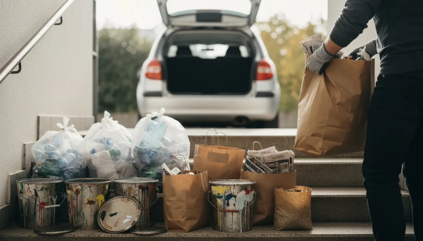En person bærer en sæk papiraffald op ad en trappe med malerspande og poser klar til genbrugspladsen.