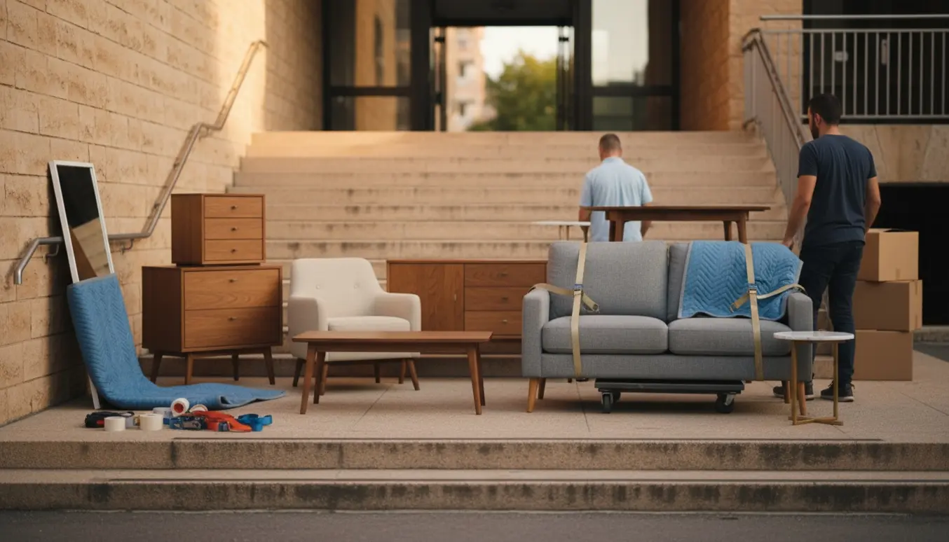 Flytning af møbler ned ad en bred udvendig trappe med sofa, lænestol, kommoder og kasser.