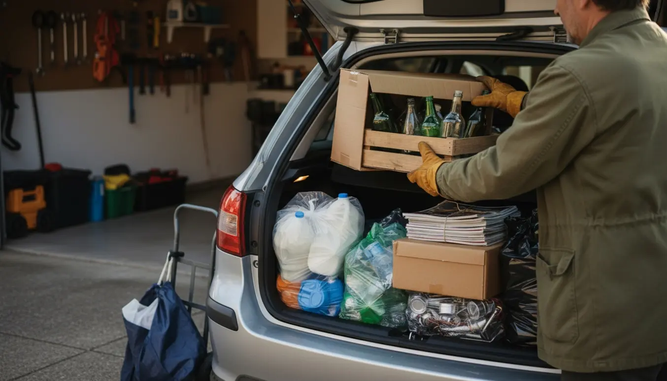 Person læsser sorteret genbrug i bilens bagagerum på en solbeskinnet indkørsel.