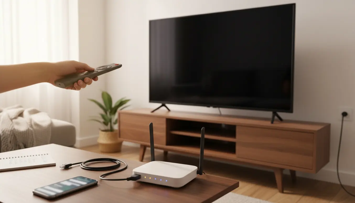 Hænder peger med fjernbetjening mod en fladskærm med sort skærm, mens router og kabler ligger i forgrunden.