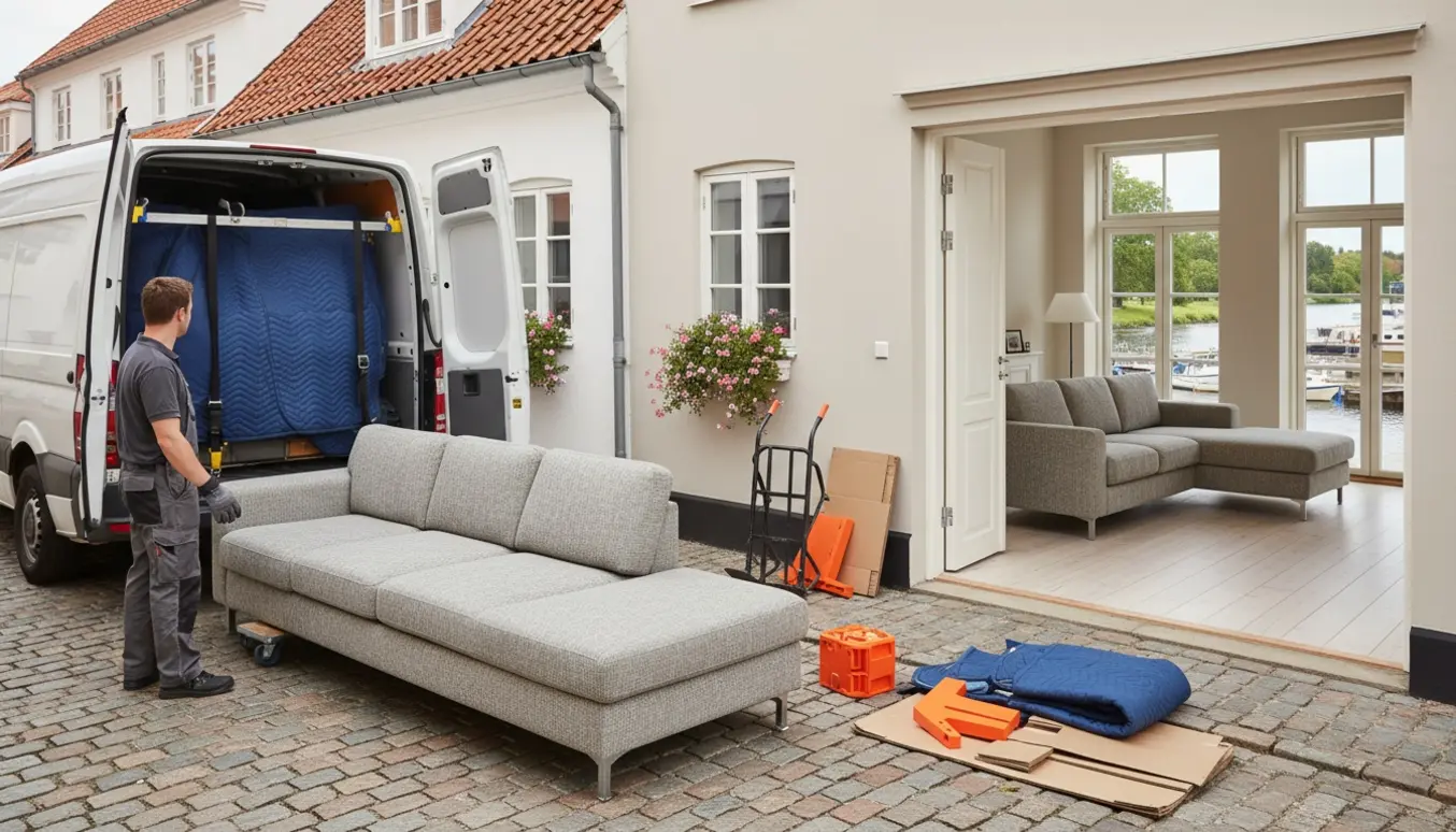 To flyttemænd bærer en todelt sofa med chaiselong fra en villa og ind i en stuelejlighed med udsigt til kanalen.