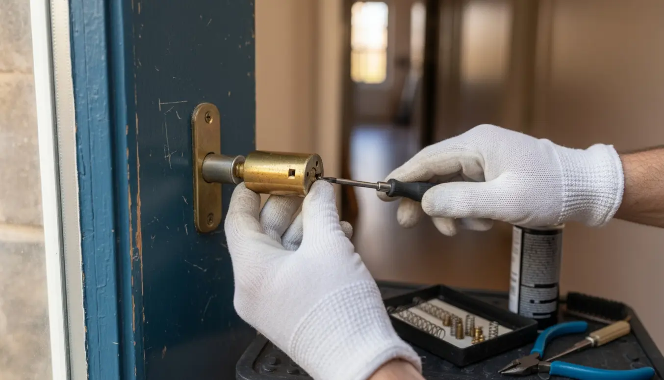 Nærbillede af en hånd, der reparerer en dørens nøglecylinder med skruetrækker og små dele.