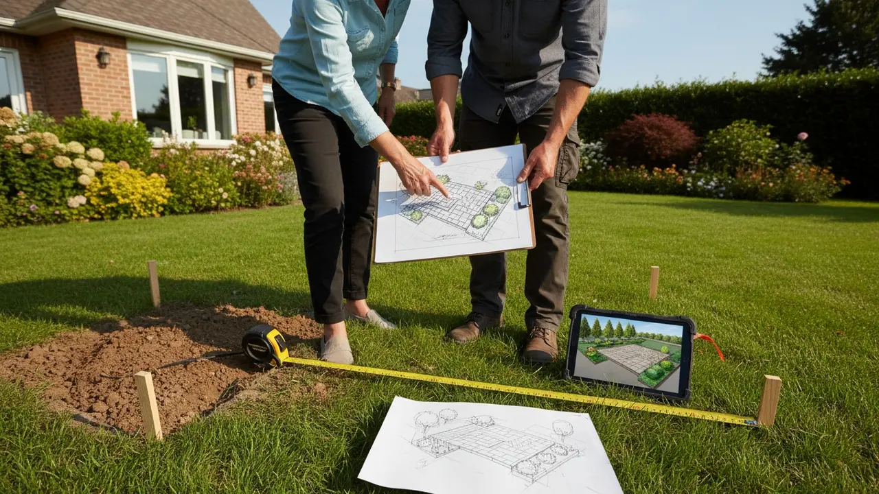 Personer laver terrasseplan med målebånd, skitse og opmærkede stolper i haven.