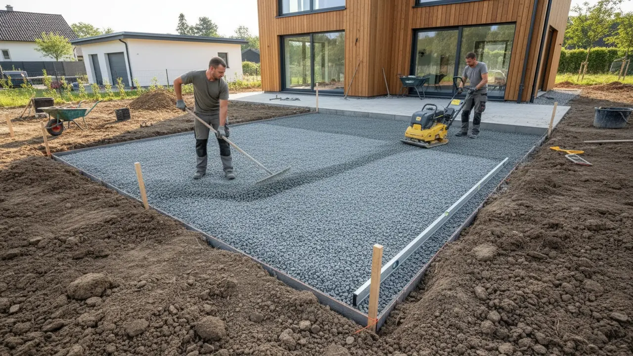 Forberedelse af terrasseunderlag med stabilgrus, retteskinne og pladevibrator, synligt fald væk fra huset.