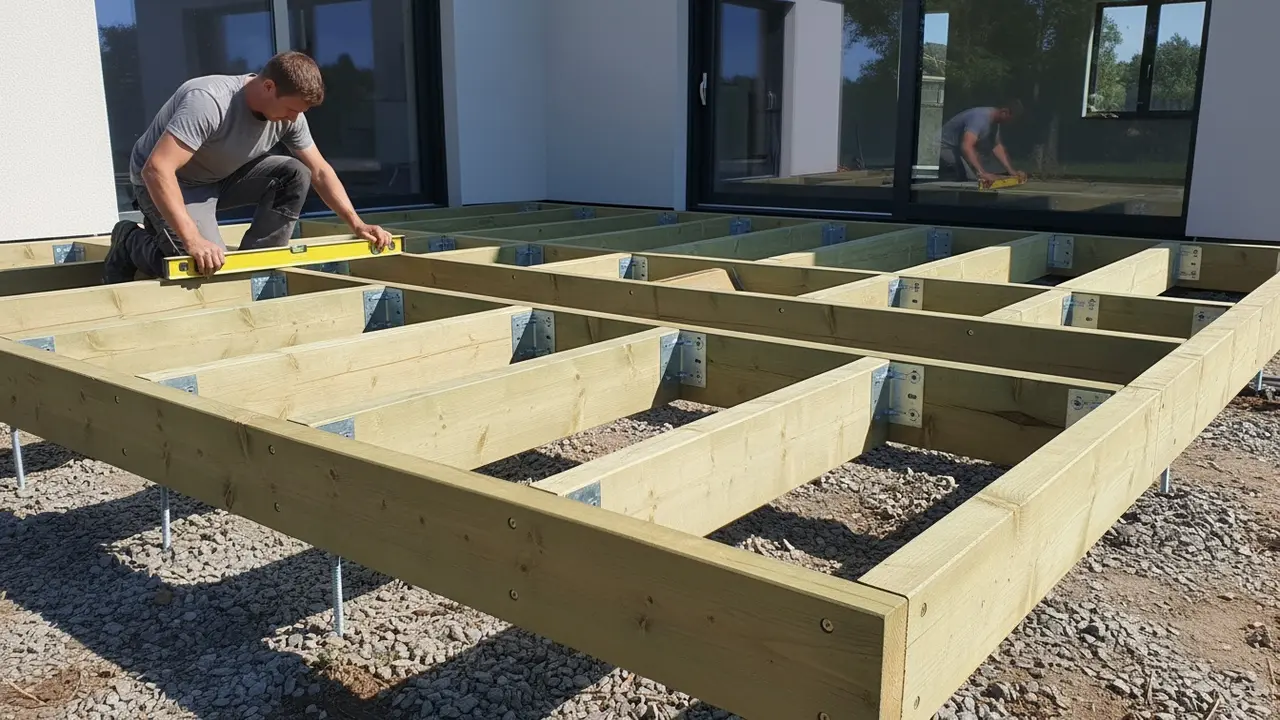 Montering af træramme til terrasse med bjælker, vaterpas og synlige beslag og skruer.