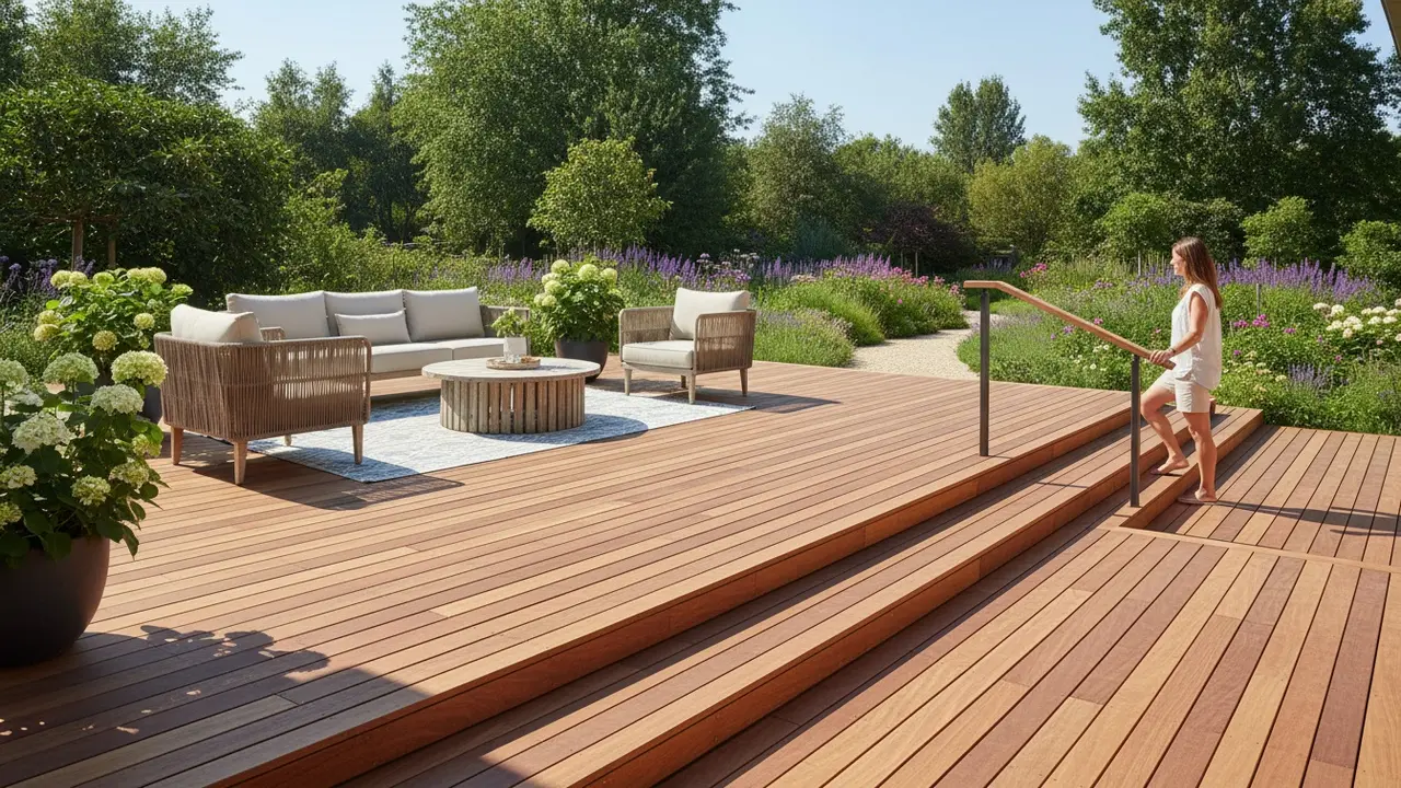 Færdig træterrasse med trappetrin og gelænder, person går op ad trappen, have i baggrunden.