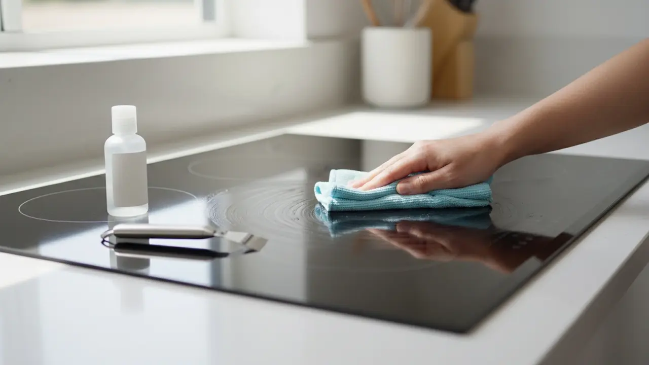 Person tørrer en ren induktionskogeplade af med mikrofiberklud