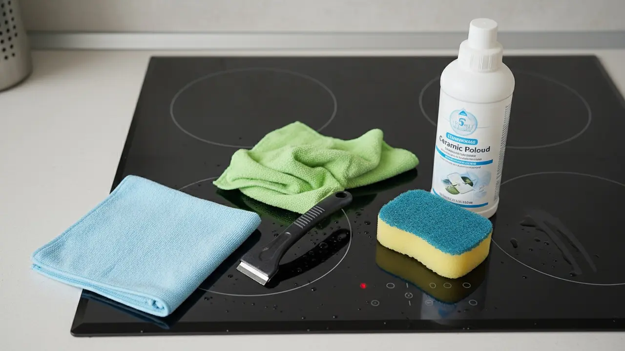 Rengøringsværktøjer til keramiske kogeplader arrangeret ved siden af en glastop