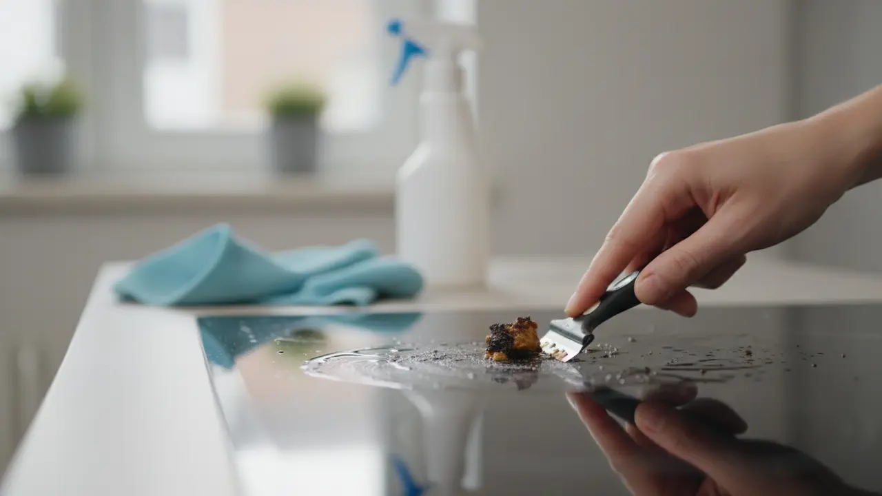 Hånd bruger glasskraber i 45° vinkel til at fjerne fastbrændte madrester på induktion