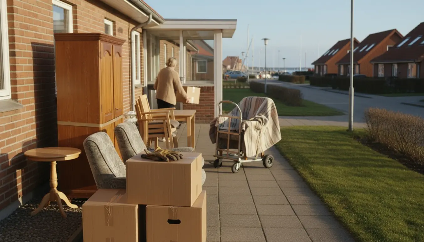 Flytning til plejehjem i Juelsminde med møbler og fem flyttekasser på fortovet i blødt morgenlys.