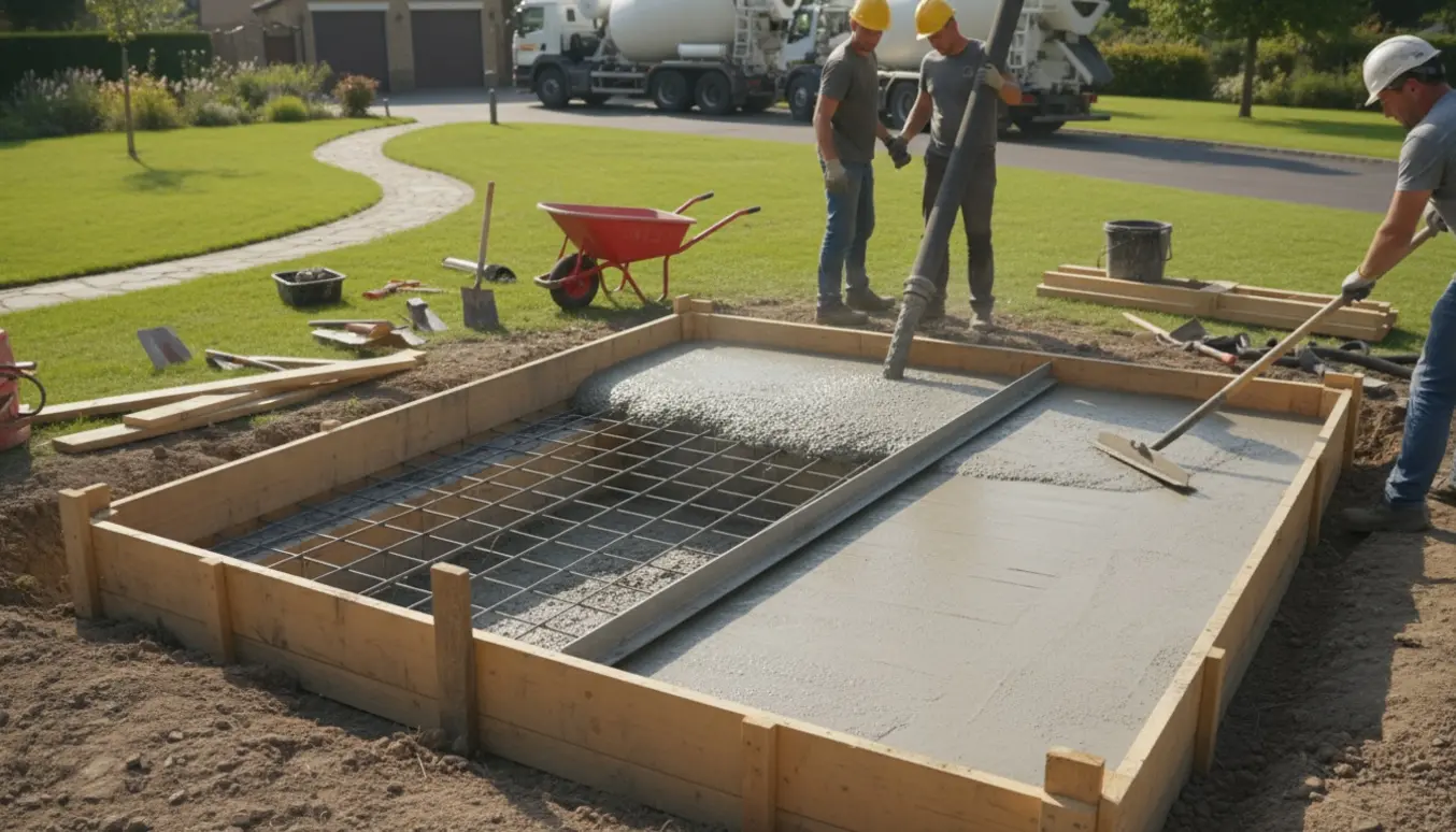 Frisk L‑E40 beton hældes i en rektangulær form i haven til bund til swimspa, arbejdshandsker og armeringsnet synlige.