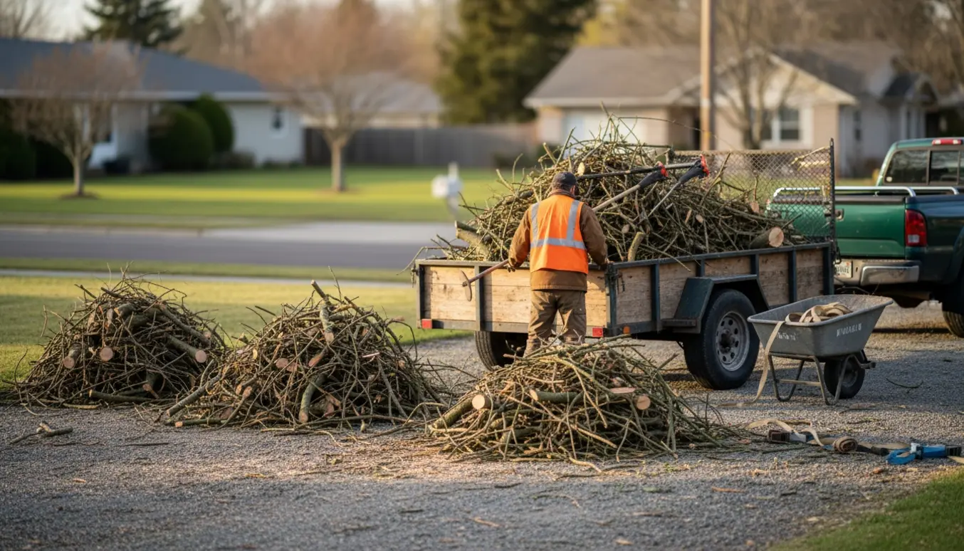 Bunker af afskårne grene ved en indkørsel ved siden af en stor trailer, klar til afhentning.