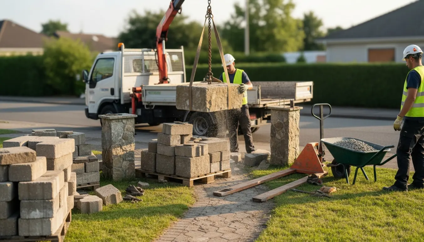 Ladvogn med grab løfter tunge sten og støbesøjler fra en forhave, klar til bortkørsel.