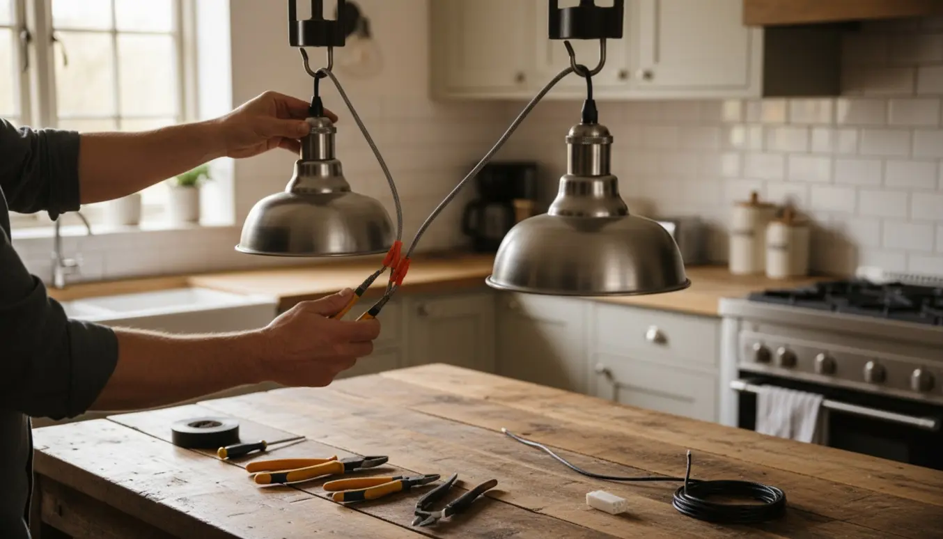 Installation af to værkstedslamper i et køkken med ledninger og værktøj synlige, hvor den ene lampe er serieforbundet.