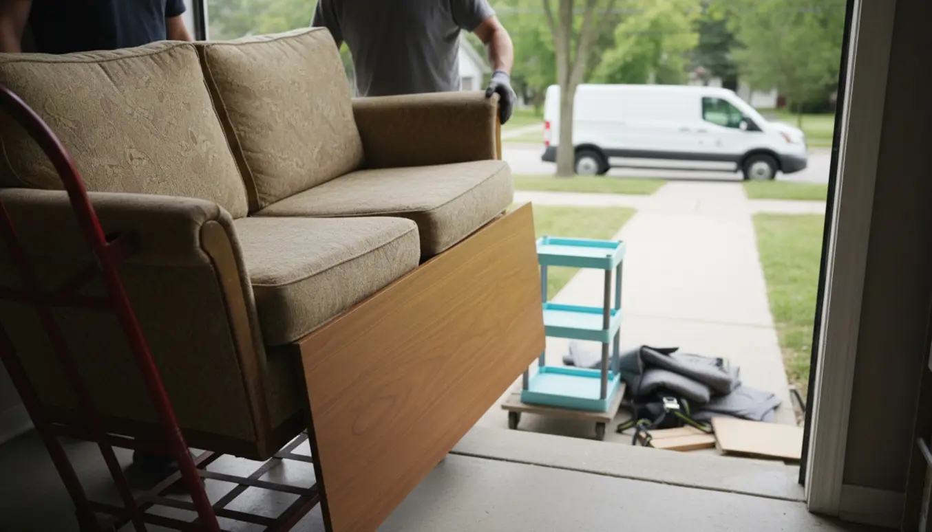 Gammelt møblement og en skrivebordsplade bæres fra stueetagen mod en varevogn ved kantstenen til genbrug.