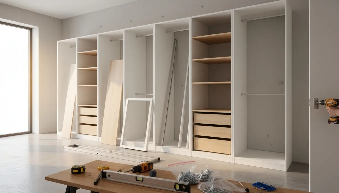 Delvist samlet garderobesystem monteres i et lyst soveværelse med værktøj i forgrunden.