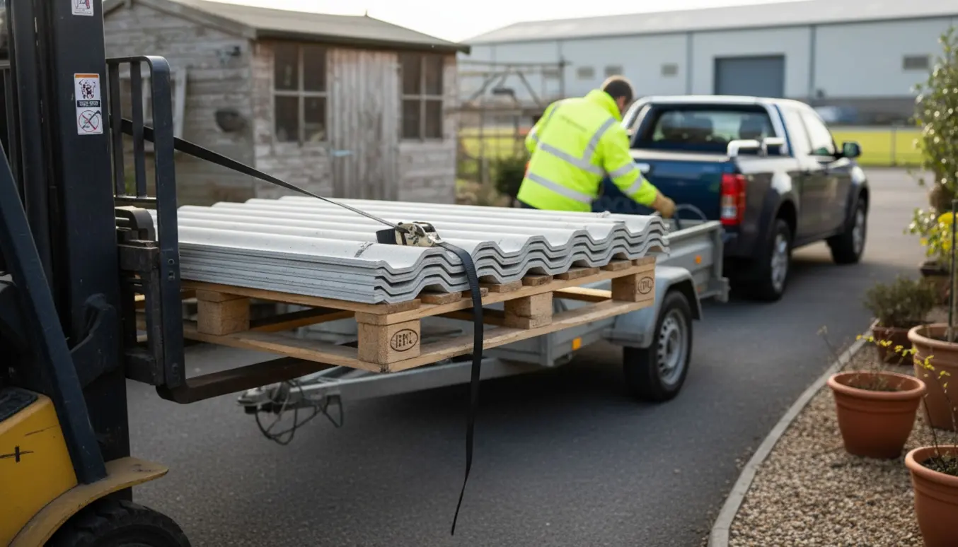 Trailer læsset med tagplader på paller ved et haveskur, klar til aflevering på genbrugspladsen.