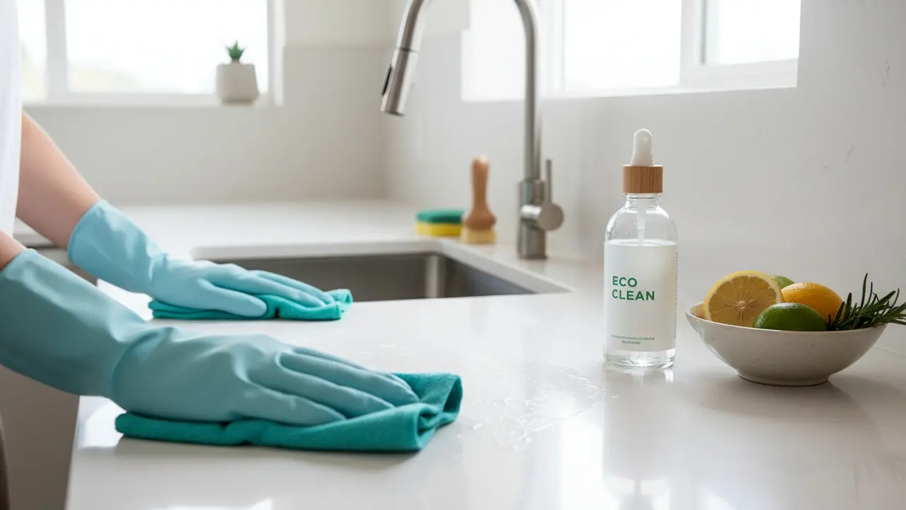 Hænder med handsker der tørrer køkkenbord af med klud og rengøringsspray