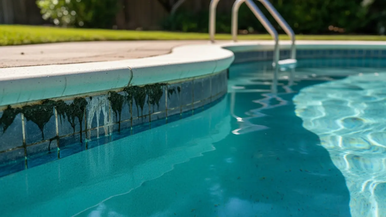 Nærbillede af poolens vandlinje med alge- og kalkpletter på fliserne