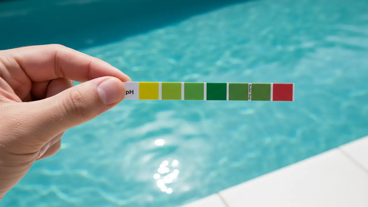 Hånd med pH-teststrimmel ved siden af farveprøve over klart poolvand, viser neutral pH