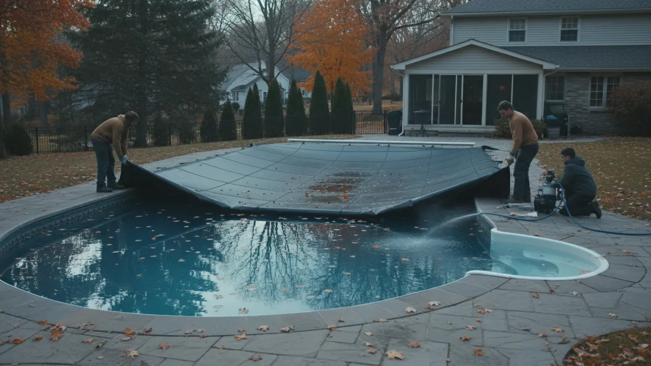 Pool med sænket vandstand under skimmeren og igangværende vinterdækning