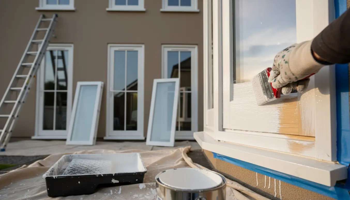 Hænder maler ydersiden af syv vinduer uden sprosser og tre glasdøre med én midtersprosse foran en husfacade.